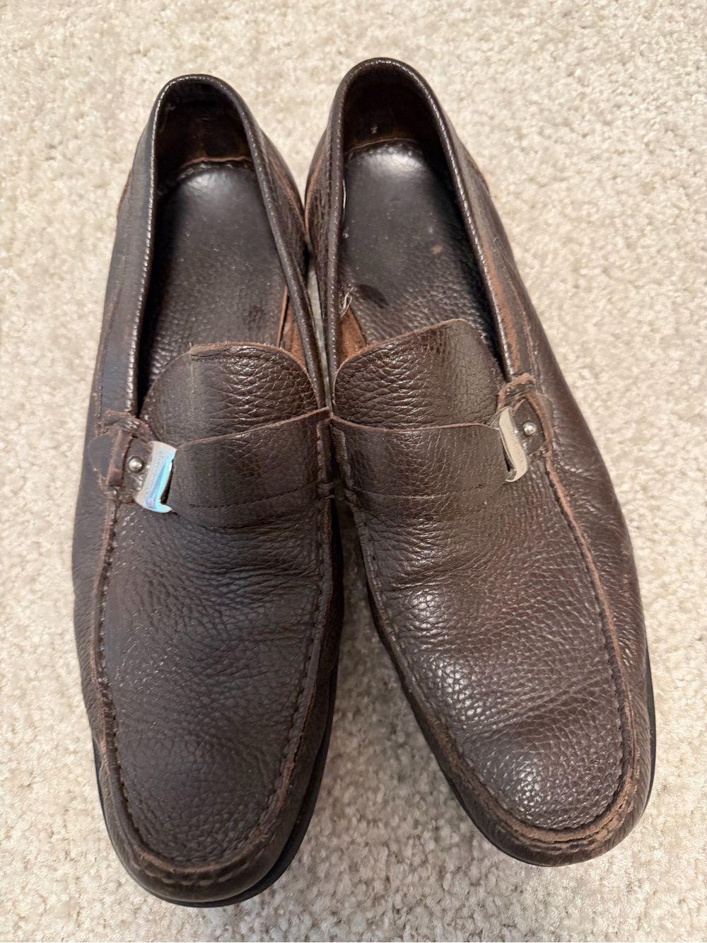 Salvatore Ferragamo Dark Brown Pebbled Leather Slip-On Loafers